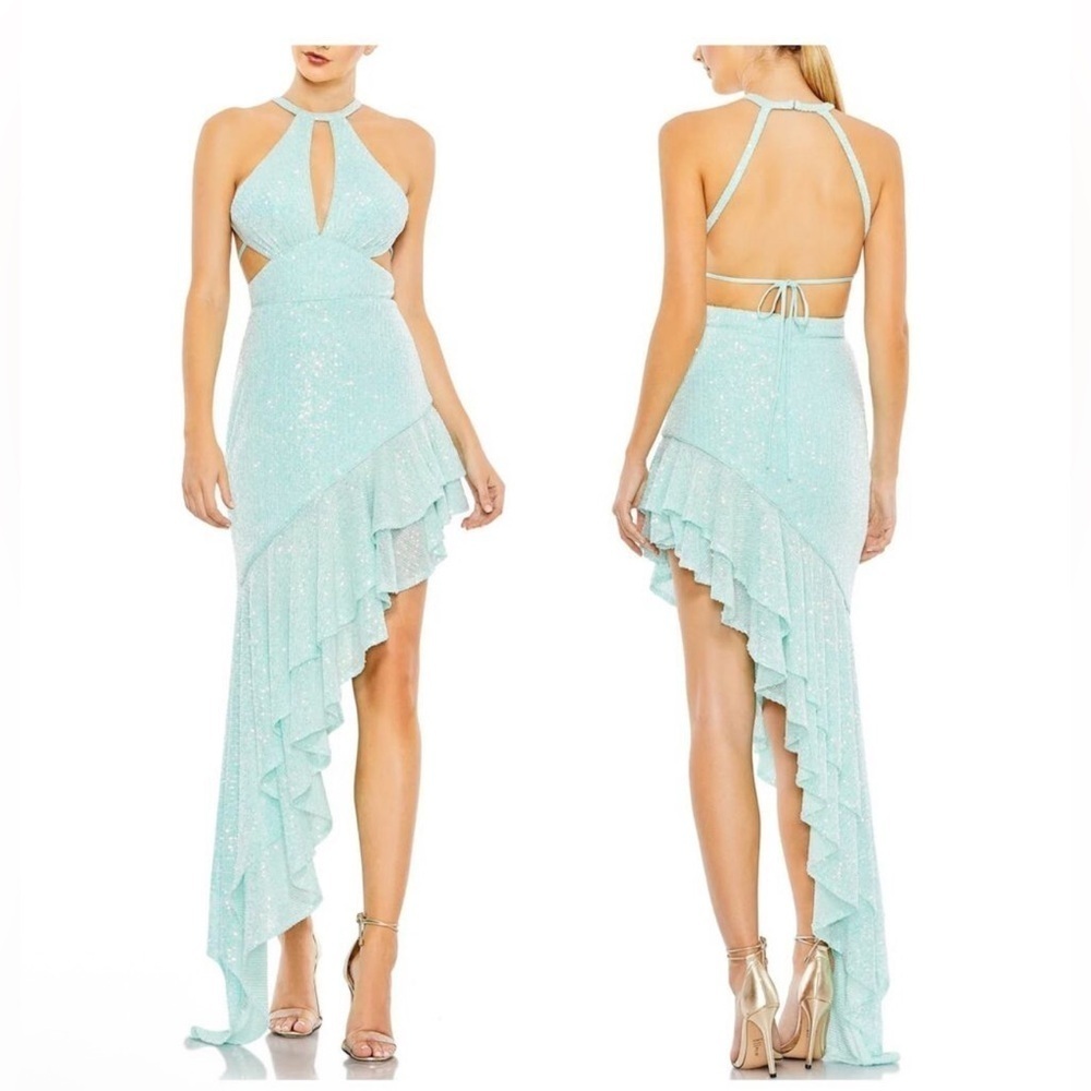 Mac Duggal NWT Blue Sequined Halter Ruffle Asymmetrical Dress Style #A11274 - Picture 1 of 12